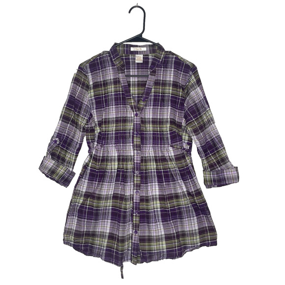 Zoe D Tops - Plaid Button-Up Blouse - Purple and Green